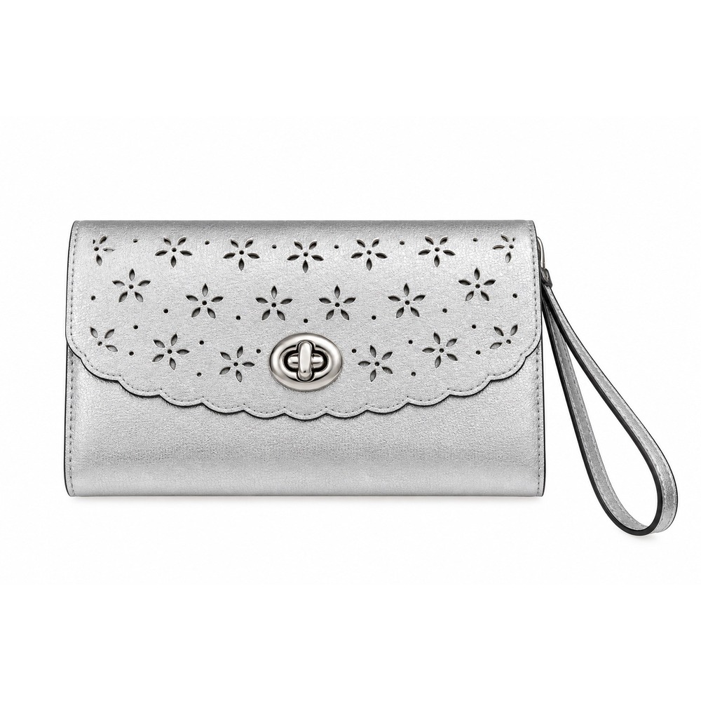 Coach Metallic Silver Laser Cut Floral Leather Turnlock Wristlet Clutch Bag